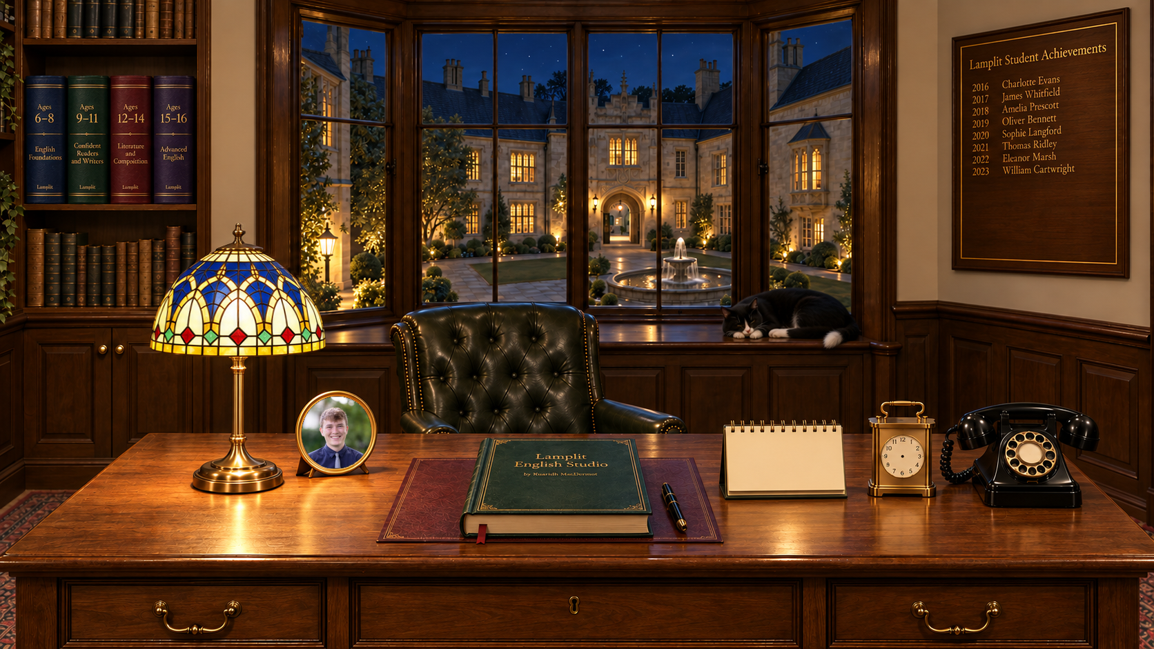 A warm wood-panelled study with bookshelves, a stained-glass lamp, Ruaridh’s photograph in a circular brass frame, a green book on the desk and a night-time university courtyard beyond the window.